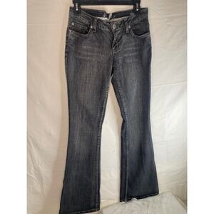 Mudd Women Low Rise flair Jeans Dark Wash Embroidered Pockets Size 7 DJ8M3563